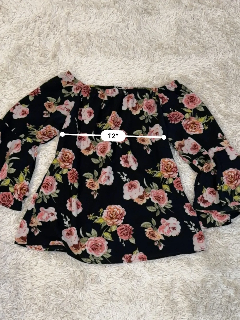 Off-Shoulder Black Floral Bell-Sleeve Top - M